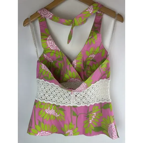 VTG Y2K Lilly Pulizter Chantel Halter Top Palm Beach Hibiscus Pink Womens Size 4 - Picture 4 of 7